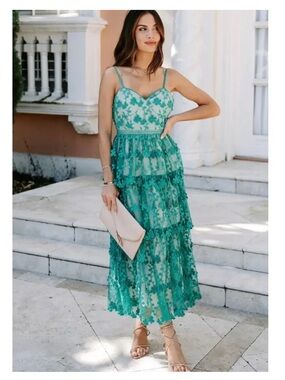 Endless Rose 
Green Lace Tiered Midi Dress -